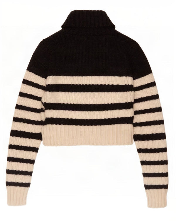 Zara Womens Crop Roll Neck Jumper Sweater UK 16 Large Black Striped Acrylic