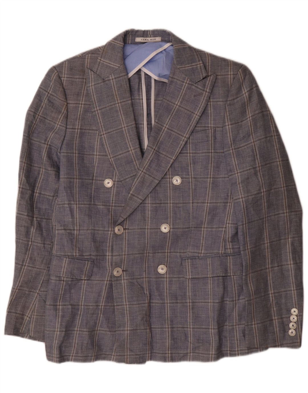 Zara Ανδρικό σακάκι μπλέιζερ με διπλό στήθος EU 48 Medium Navy Blue Check Cotton