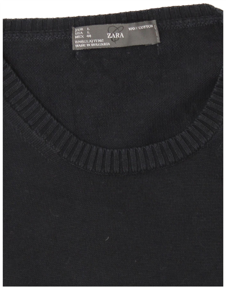 Zara Ανδρικό πουλόβερ με λαιμόκοψη με λαιμόκοψη μεγάλο σε μπλε βαμβακερό