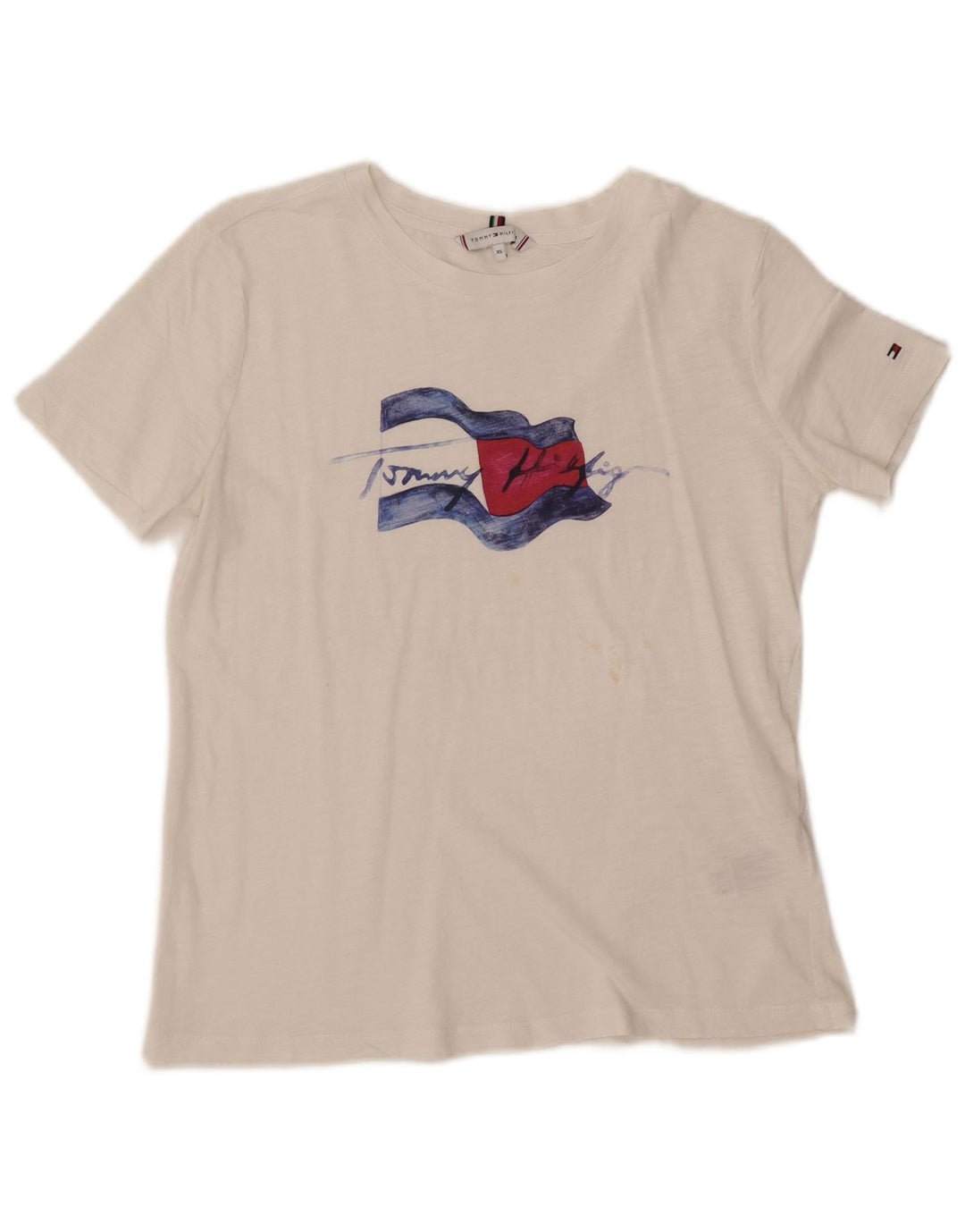 Γυναικείο γραφικό μπλουζάκι TOMMY HILFIGER Top UK 6 XS Λευκό βαμβακερό