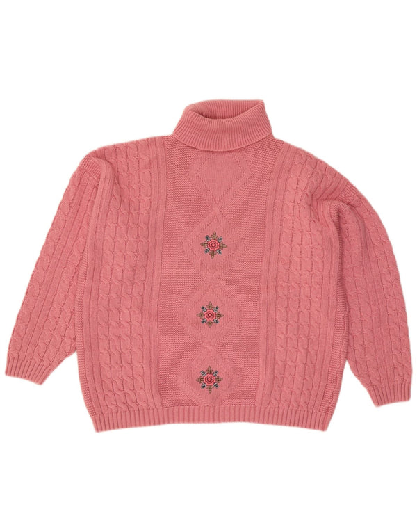 VINTAGE γυναικείο πουλόβερ με ρολό λαιμόκοψη UK 18 XL ροζ λουλουδάτο