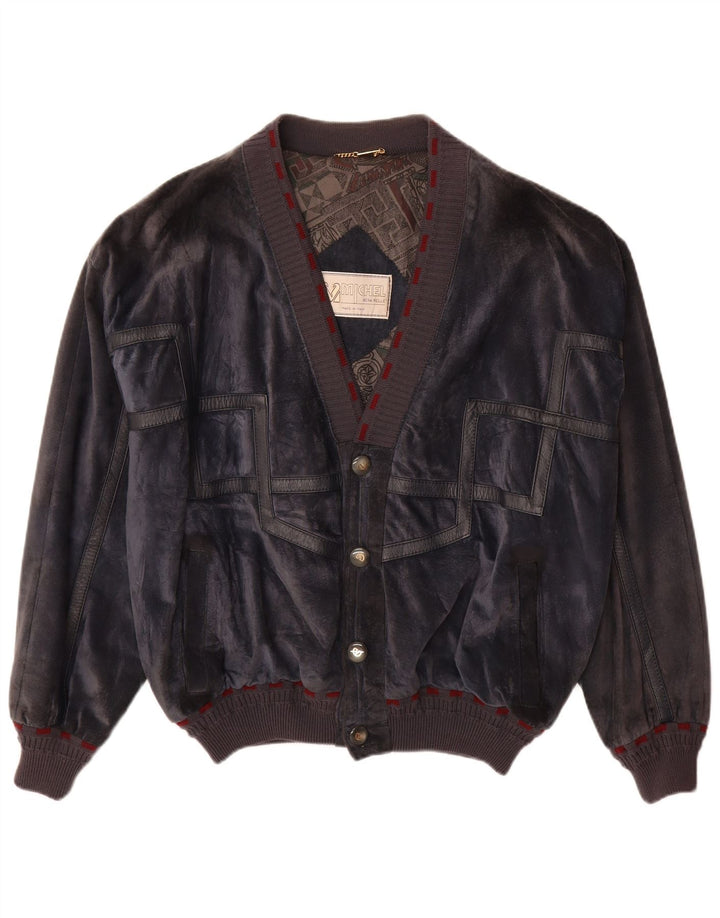 Michel Mens Suede Bomber Jacket IT 52 XL Navy Blue Leather