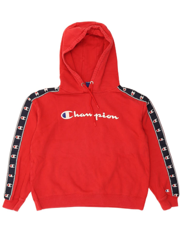 Champion Womens Graphic Hoodie Jumper UK 14 Medium Red Colourblock Cotton