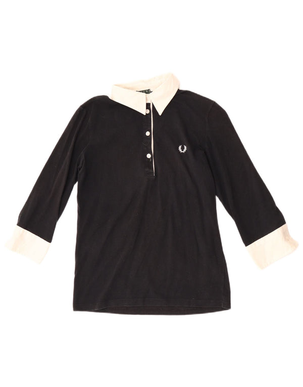 Fred Perry γυναικείο μπλουζάκι ράγκμπι πόλο με 3/4 μανίκια UK 14 μεγάλο μαύρο χρώμα