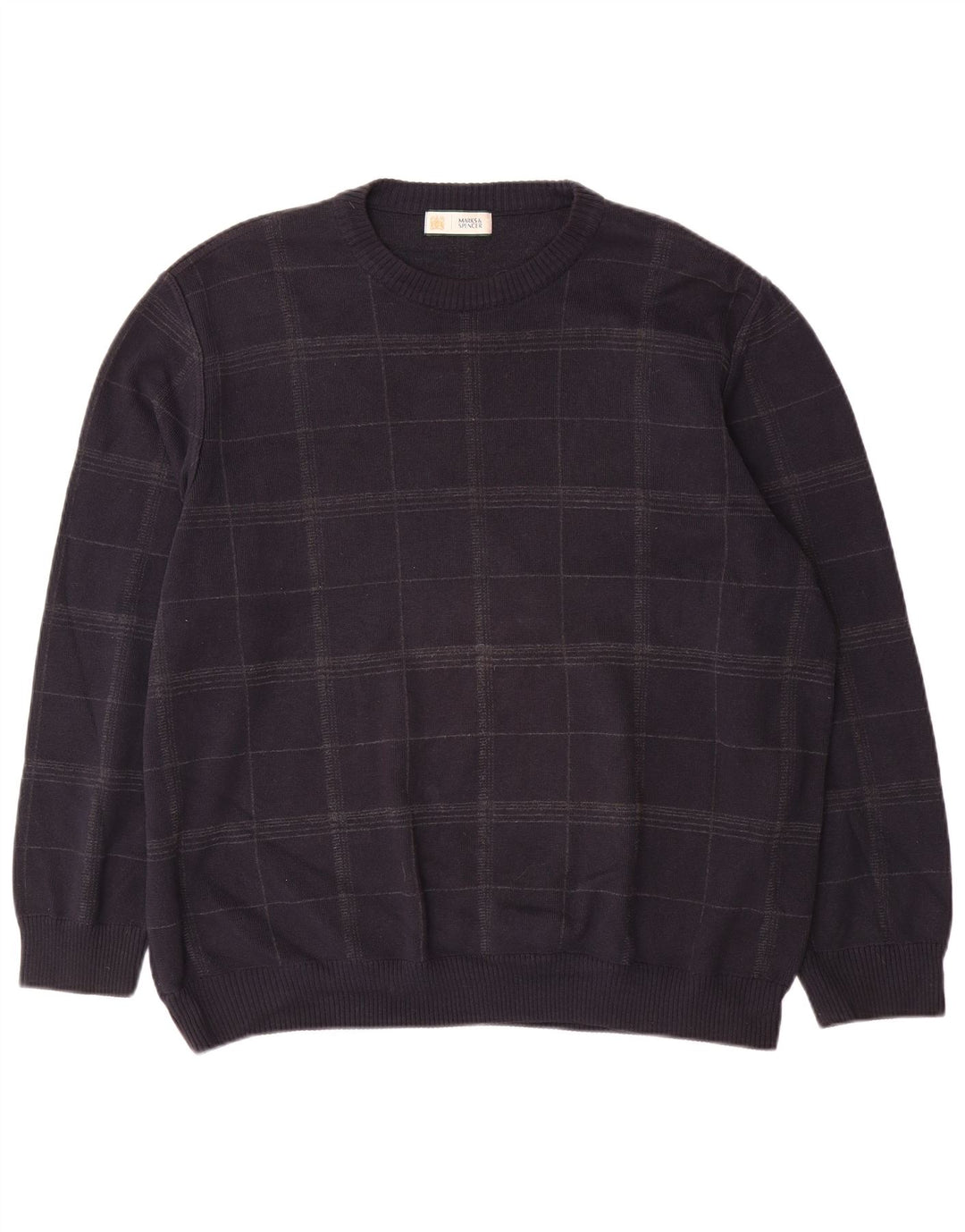 Marks & Spencer Ανδρικό πουλόβερ με λαιμόκοψη XL Navy Blue Check Cotton
