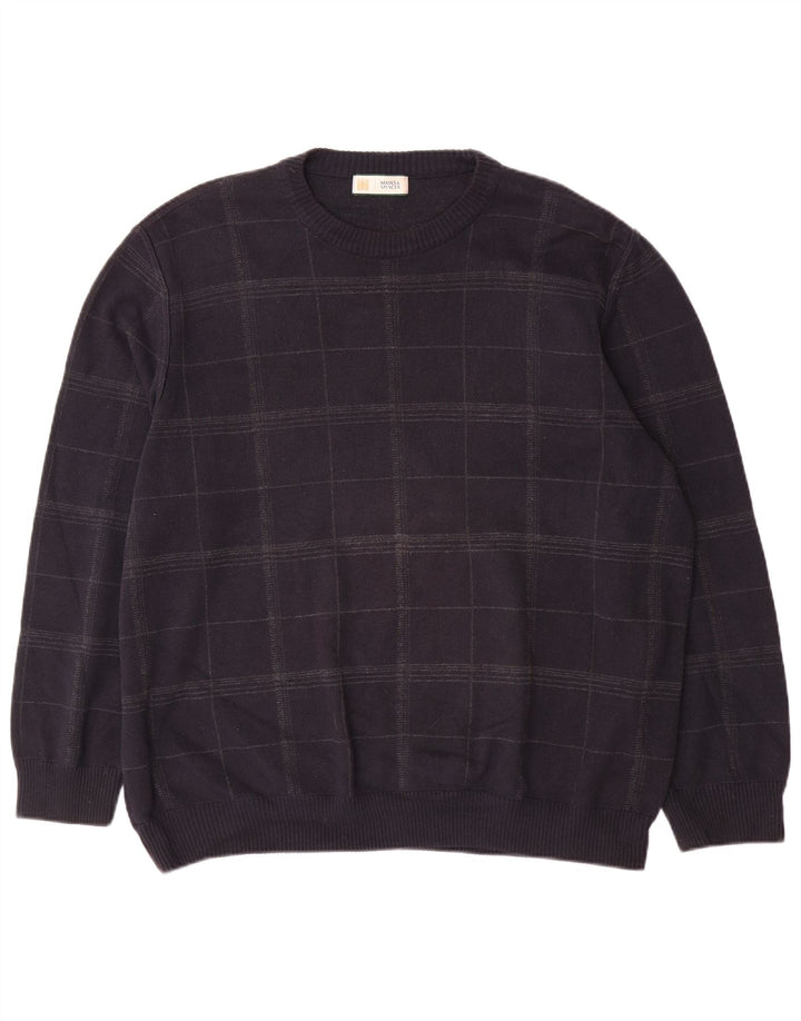 Marks & Spencer Ανδρικό πουλόβερ με λαιμόκοψη XL Navy Blue Check Cotton