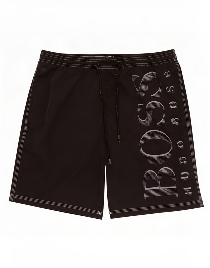 Ανδρικό γραφικό σορτς κολύμβησης Hugo Boss, μεσαίο μαύρο πολυαμίδιο