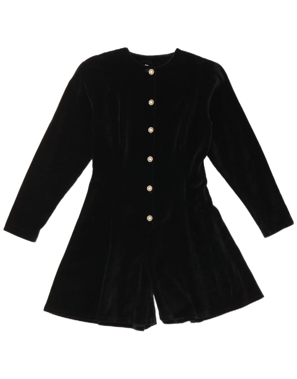 Vintage γυναικείο μακρυμάνικο βελούδινο Playsuit UK 14 μεγάλο μαύρο βαμβακερό