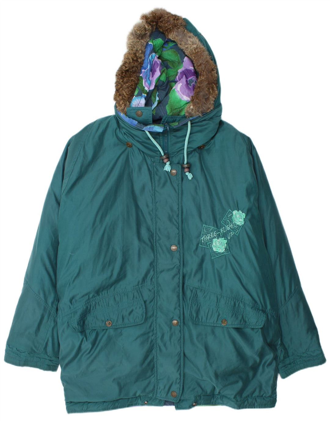 VINTAGE Γυναικείο υπερμεγέθη γραφικό αναστρέψιμο μπουφάν UK 16 μεγάλο τιρκουάζ