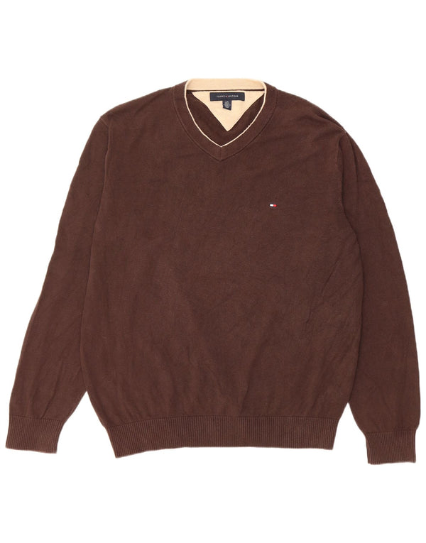 Tommy Hilfiger Ανδρικό πουλόβερ με λαιμόκοψη V-λαιμόκοψη μεγάλο καφέ βαμβακερό