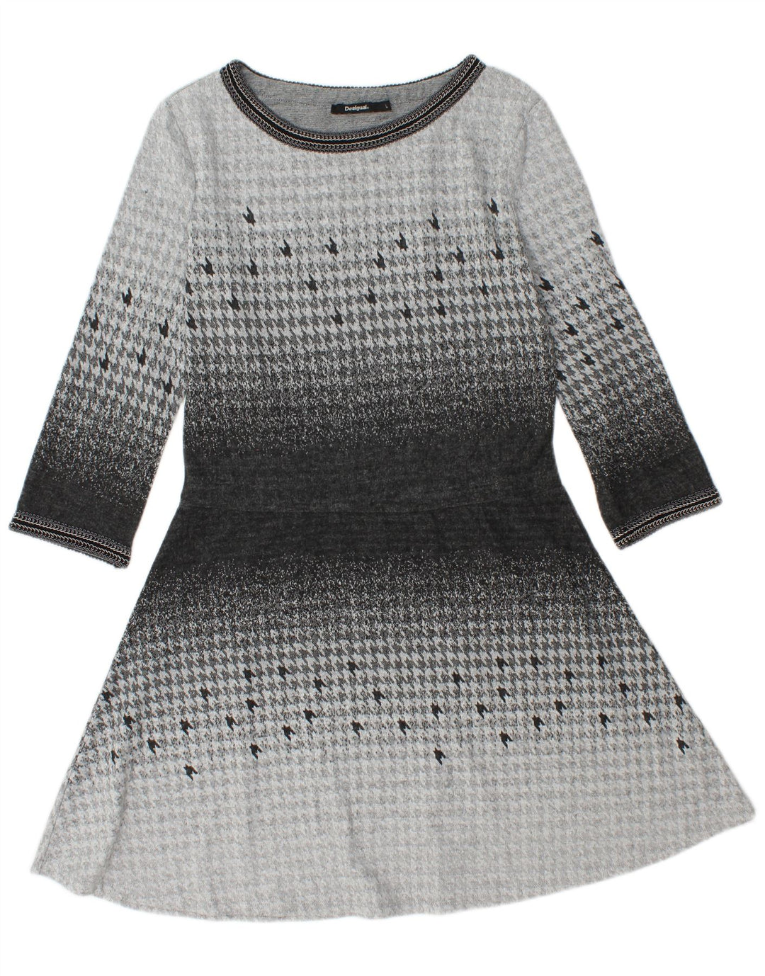 DESIGUAL Γυναικείο φόρεμα 3/4 με μανίκια A-Line UK 14 Large Grey Houndstooth