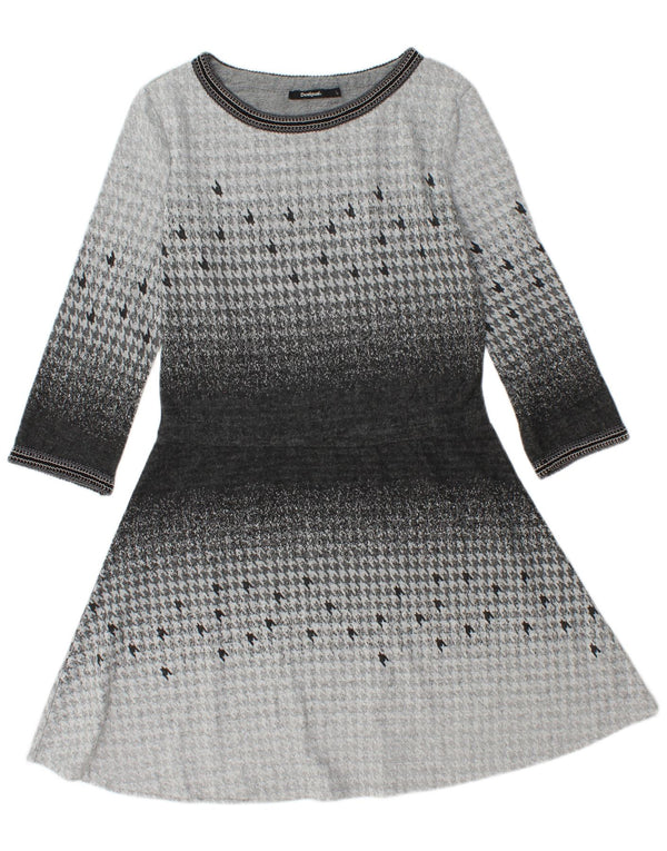 DESIGUAL Womens 3/4 Sleeve A-Line Dress UK 14 Large Grey Houndstooth