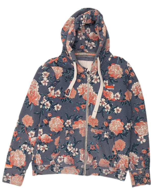 SUPERDRY Γυναικείο πουλόβερ με κουκούλα με φερμουάρ UK 18 XL Μπλε φλοράλ βαμβακερό