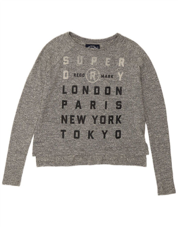 SUPERDRY Γυναικείο υπερμεγέθη γραφικό μακρυμάνικο UK 10 μικρό βαμβακερό γκρι