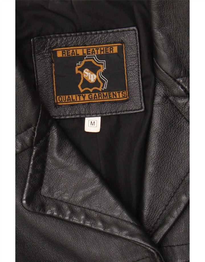 VINTAGE Womens 4 Button Leather Blazer Jacket UK 14 Medium Black Leather Vintage Vintage and Second-Hand Vintage from Messina Hembry 