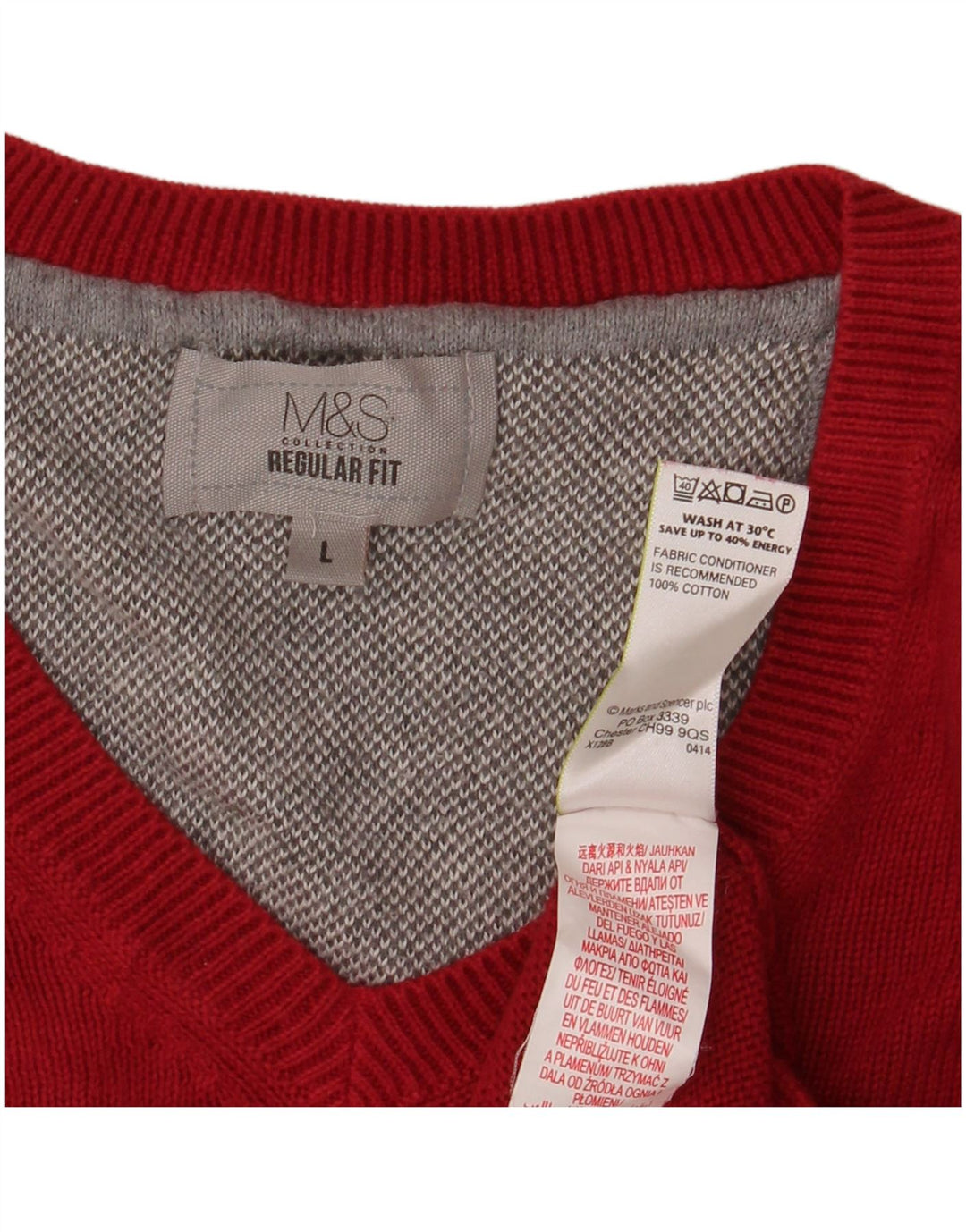 MARKS & SPENCER Ανδρικό πουλόβερ με κανονική εφαρμογή με V λαιμόκοψη, μεγάλο κόκκινο βαμβακερό