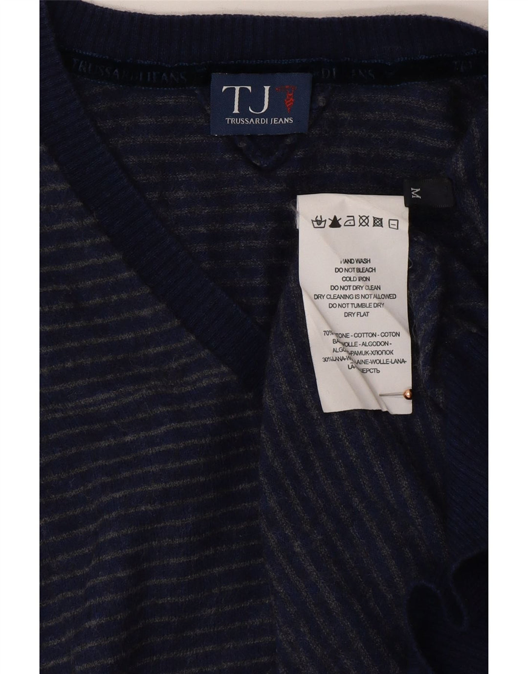 TRUSSARDI JEANS Ανδρικό πουλόβερ με λαιμόκοψη σε μεσαίο μπλε βαμβακερό ριγέ