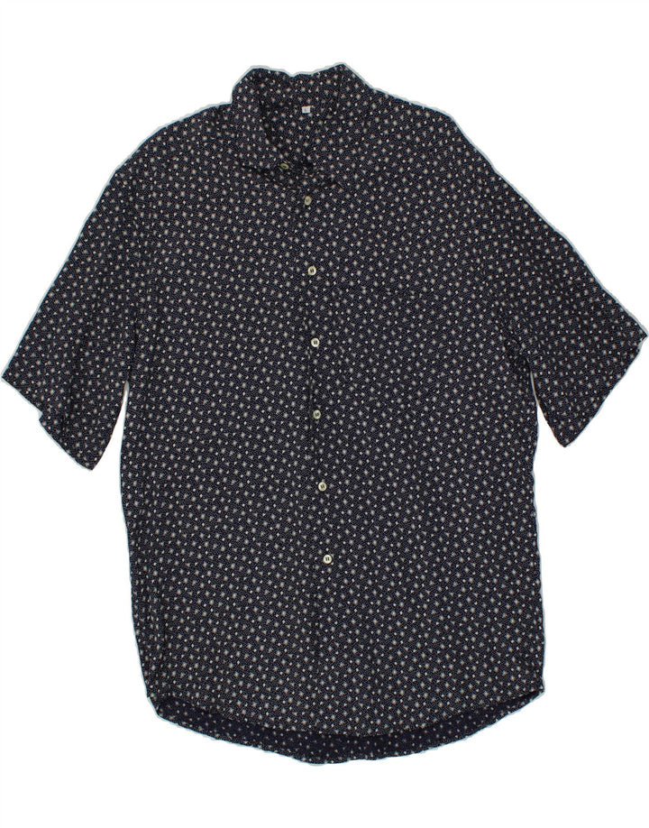 VINTAGE Mens Short Sleeve Shirt Large Navy Blue Spotted Viscose Vintage Vintage and Second-Hand Vintage from Messina Hembry 