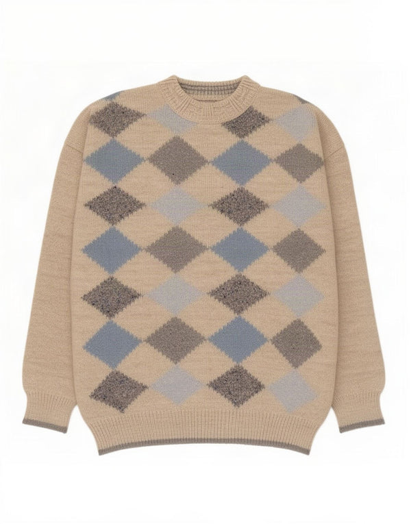 Vintage ανδρικό πουλόβερ με λαιμόκοψη XL μπεζ Argyle/Diamond μαλλί αλπακά