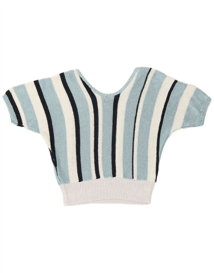 Vintage γυναικείο πουλόβερ με V λαιμόκοψη UK 12 μεσαίου μπλε ριγέ ρετρό