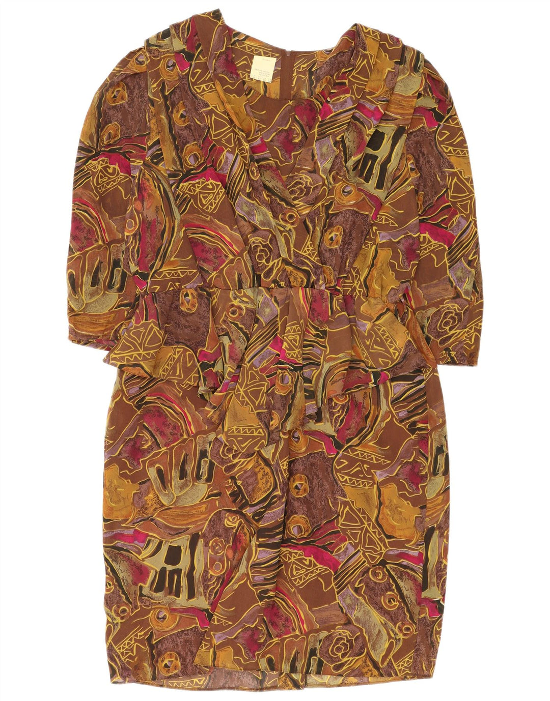 Vintage γυναικείο αφηρημένο σχέδιο 3/4 Φόρεμα με μανίκια UK 24 4XL καφέ