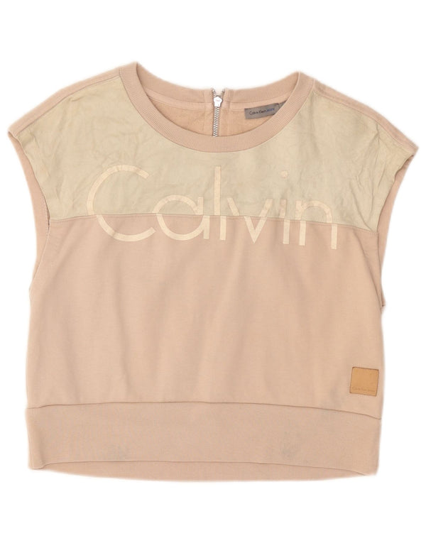 Calvin Klein Womens Crop Graphic Vest Top UK 14 Large Pink Colourblock