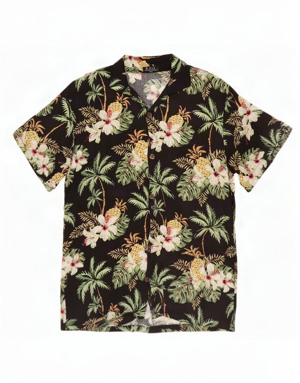 Vintage Mens Short Sleeve Shirt Medium Black Floral Viscose Hawaiian
