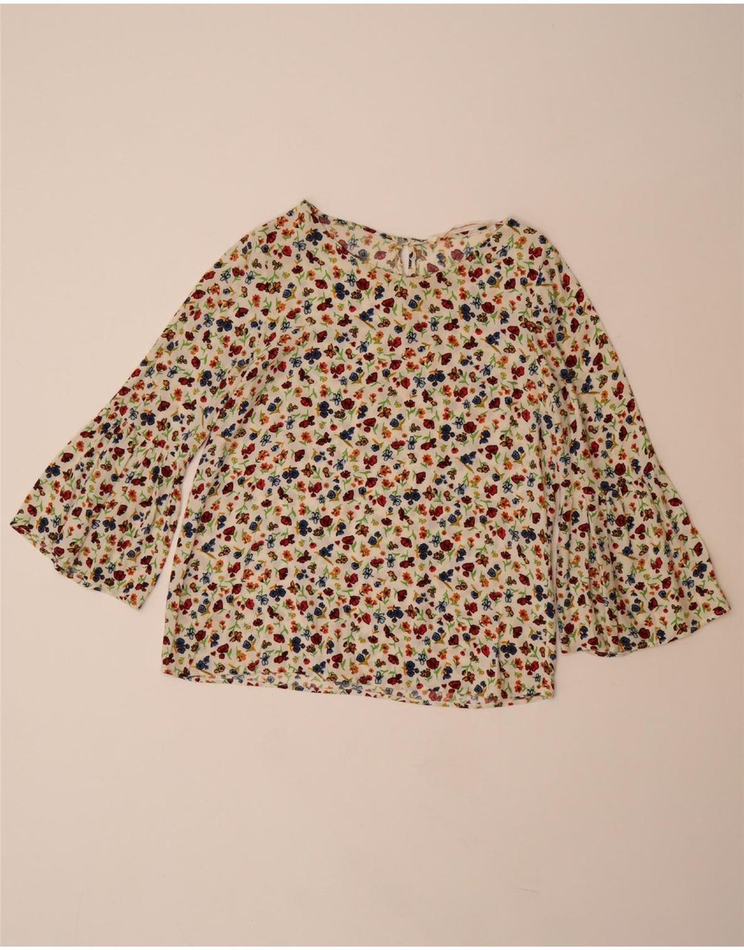 ZARA Γυναικεία μπλούζα 3/4 μανίκια τοπ UK 10 Small Off White Floral Viscose