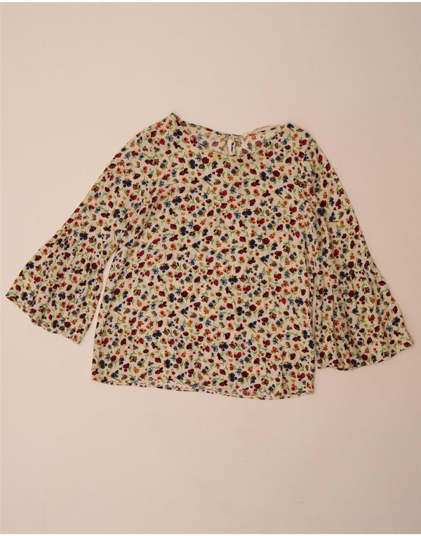 ZARA Γυναικεία μπλούζα 3/4 μανίκια τοπ UK 10 Small Off White Floral Viscose