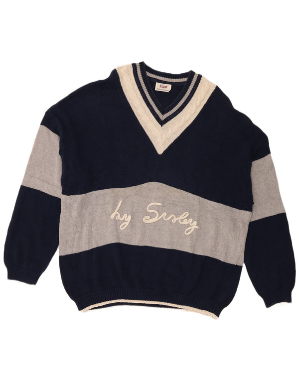 Ανδρικό γραφικό πουλόβερ Sisley με λαιμόκοψη με λαιμόκοψη XL μπλε μπλε χρώματος βαμβακερό