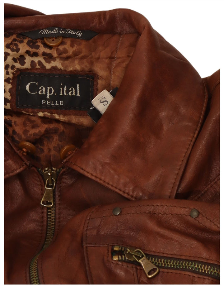 CAPITAL Γυναικείο Crop Δερμάτινο Μπουφάν UK 10 Small Brown Δερμάτινο
