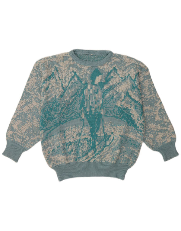 Vintage γυναικείο Abstract Pattern πουλόβερ με λαιμόκοψη UK 16 μεγάλο μπλε