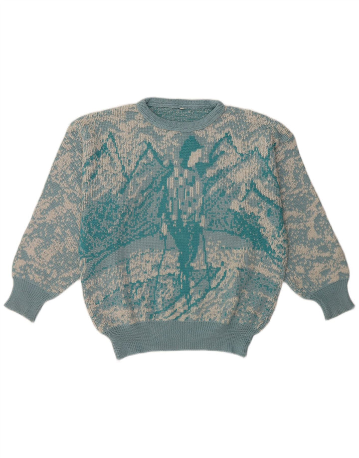 Vintage γυναικείο Abstract Pattern πουλόβερ με λαιμόκοψη UK 16 μεγάλο μπλε