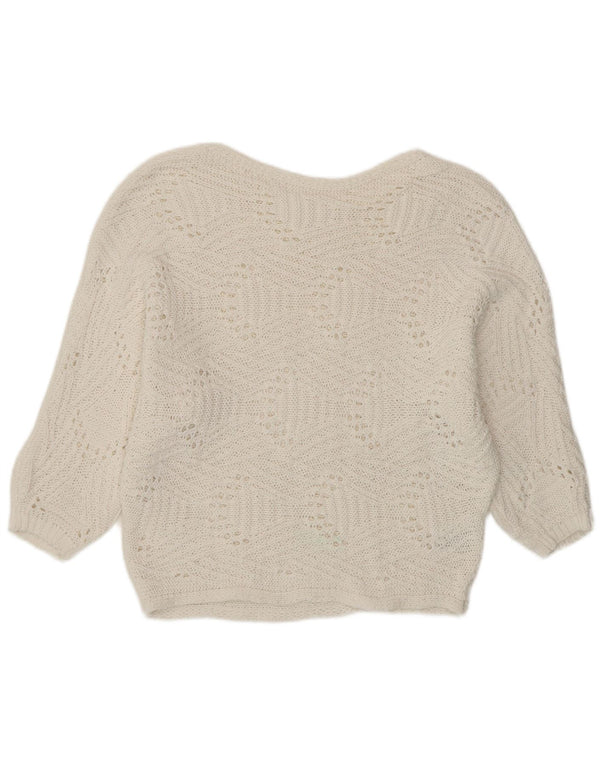 Vintage γυναικείο Crop 3/4 μανίκι πουλόβερ με λαιμόκοψη UK 14 Large White