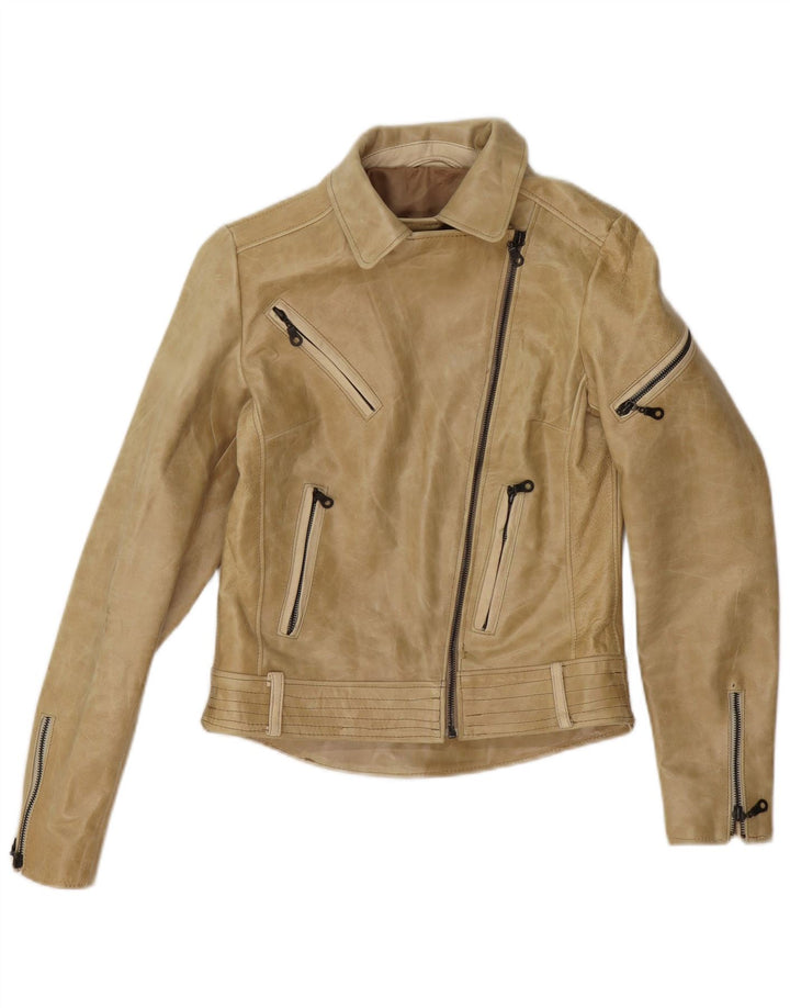Vintage Γυναικείο Δερμάτινο Μπουφάν Biker UK 4 XS Μπεζ