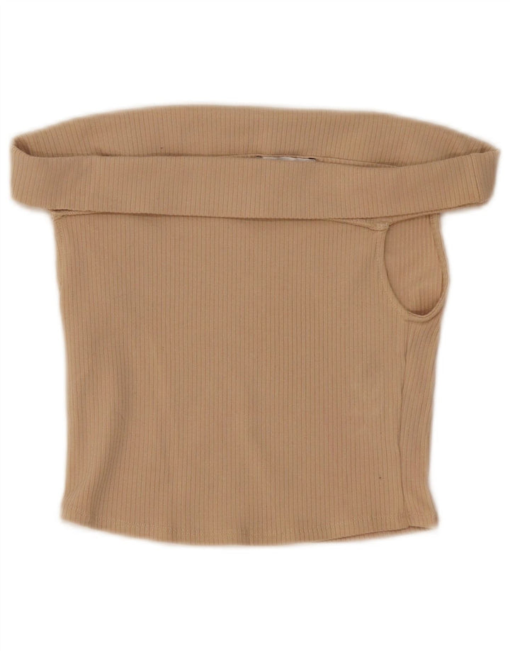 Zara Womens Crop Off Shoulder Top UK 8 Small Beige Cotton