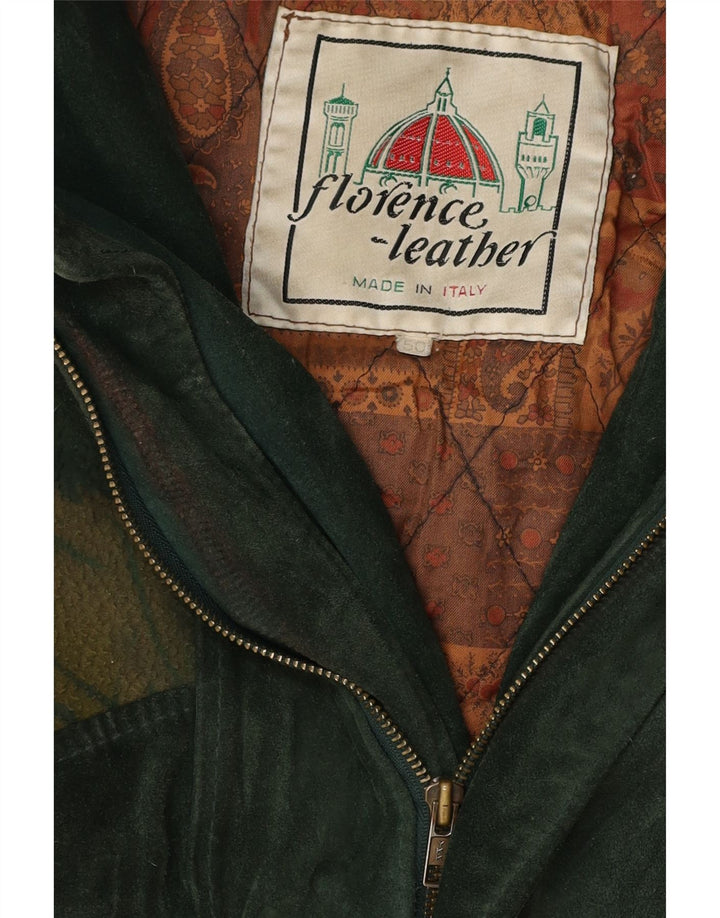 Vintage Ανδρικό Αφηρημένο Σχέδιο Suede Bomber Jacket IT 50 Large Green Leather