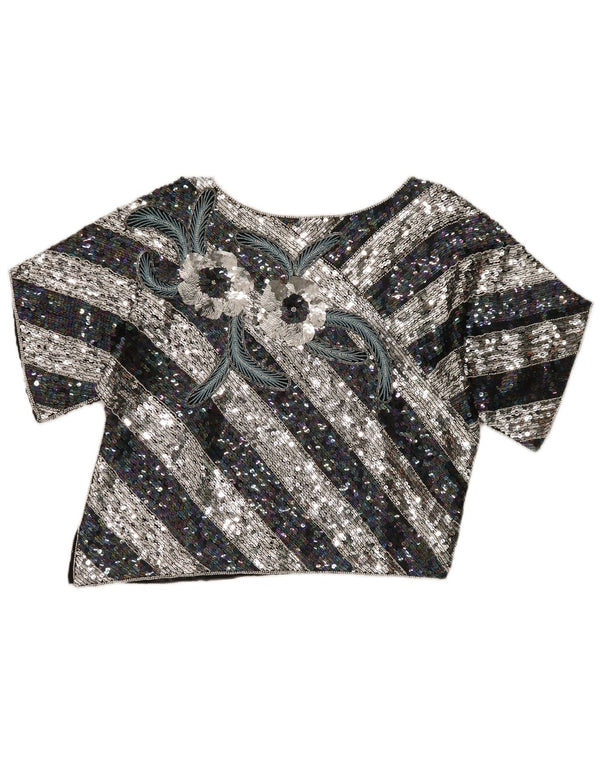 Vintage Γυναικεία Crop Graphic Μπλούζα Top EU 40 Medium Black ριγέ μετάξι