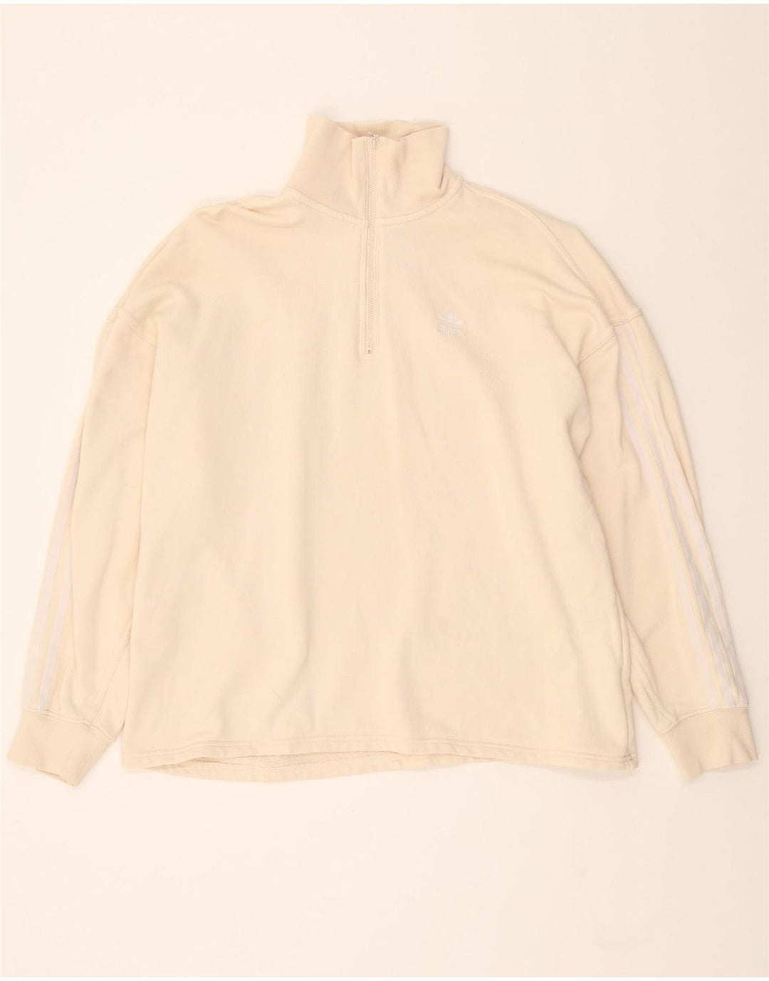 ADIDAS Womens Oversized Zip Neck Sweatshirt Jumper UK 14 Large Beige Vintage Adidas and Second-Hand Adidas from Messina Hembry 