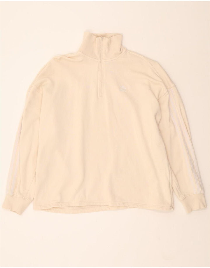 ADIDAS Womens Oversized Zip Neck Sweatshirt Jumper UK 14 Large Beige Vintage Adidas and Second-Hand Adidas from Messina Hembry 