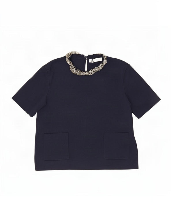 Zara Γυναικεία Crop Μπλούζα Τοπ UK 12 Medium Navy Blue Viscose