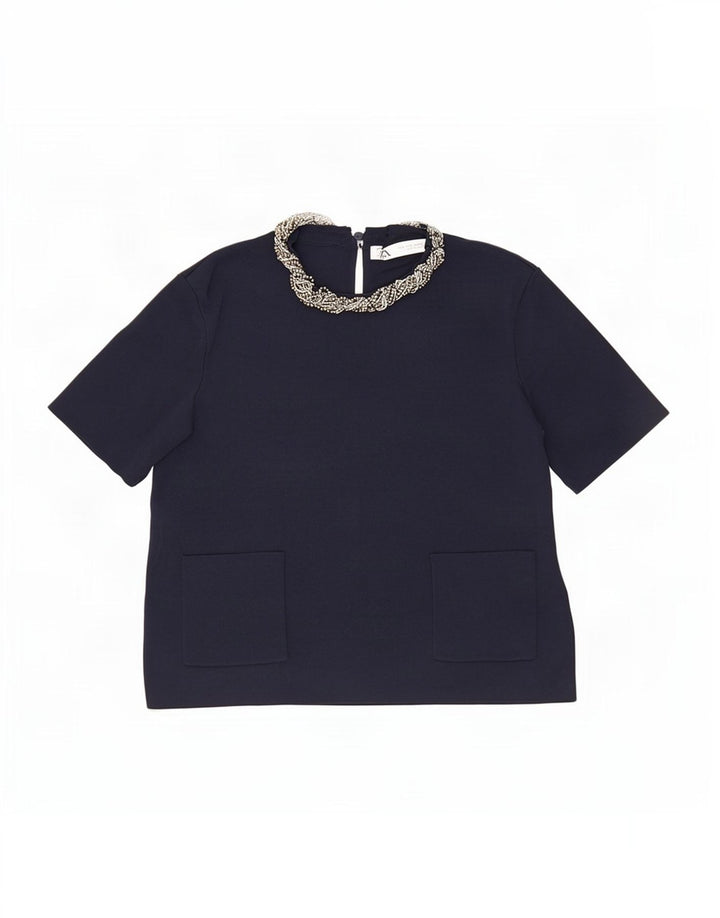 Zara Γυναικεία Crop Μπλούζα Τοπ UK 12 Medium Navy Blue Viscose