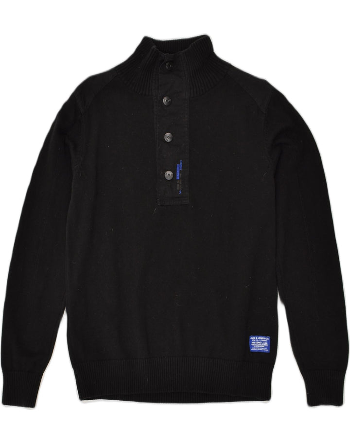 JACK & JONES Mens Button Neck Jumper Sweater Small Black Cotton | Vintage Jack & Jones | Thrift | Second-Hand Jack & Jones | Used Clothing | Messina Hembry 