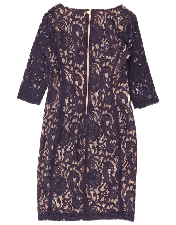 Vintage γυναικείο φόρεμα με δαντέλα με μανίκια 3/4 UK 14 Large Navy Blue Paisley