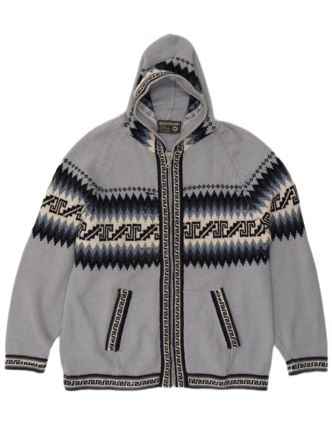 Γυναικείο πουλόβερ ζακέτα με κουκούλα UK 16 μεγάλο μπλε γεωμετρικό