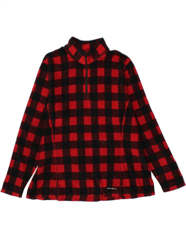 EDDIE BAUER Womens Zip Neck Fleece Jumper UK 20 2XL Red Check Polyester Vintage Eddie Bauer and Second-Hand Eddie Bauer from Messina Hembry 