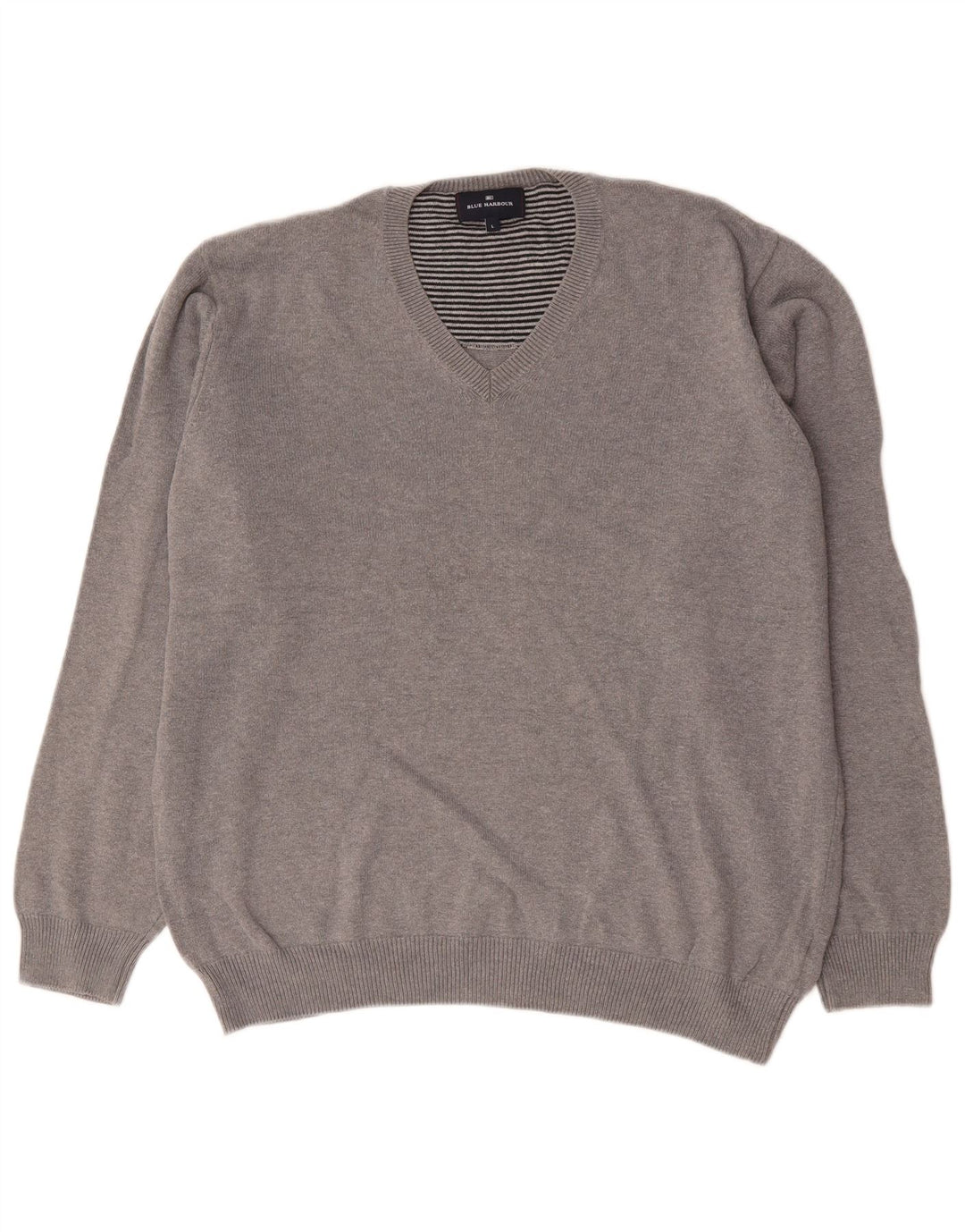 Ανδρικό πουλόβερ Marks & Spencer Blue Harbor με λαιμόκοψη με λαιμόκοψη σε μεγάλο γκρι βαμβάκι