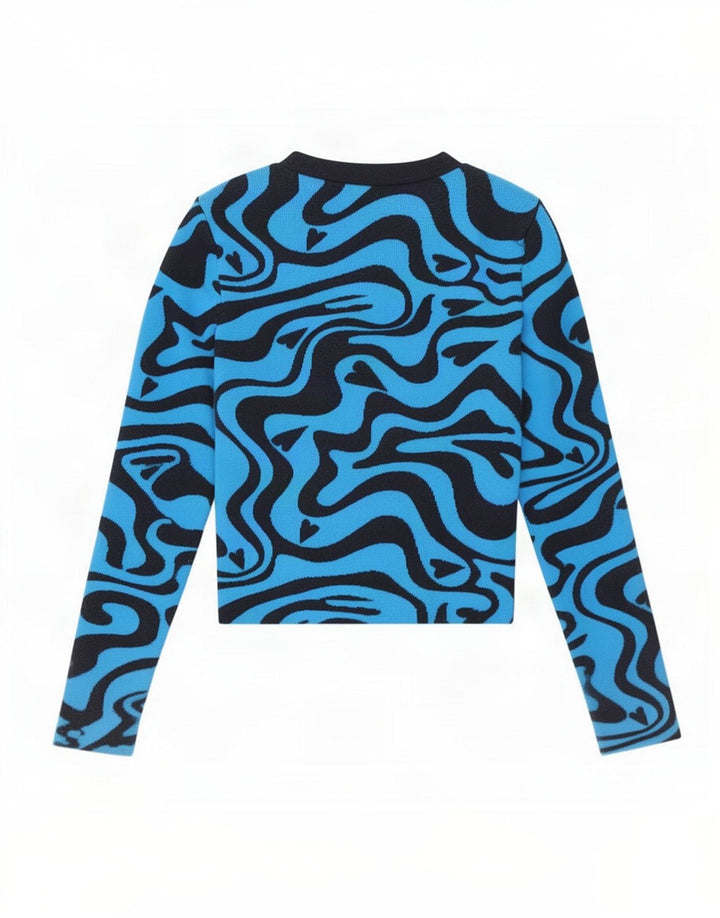 Zara Γυναικείο Αφηρημένο Μοτίβο Crop Top Μακρυμάνικο UK 8 Μικρό Μπλε Πολυεστέρας