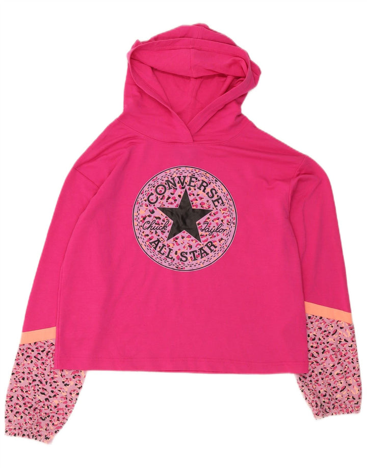 CONVERSE Girls Crop Graphic Hoodie Jumper 13-14 Years XL Pink Spotted