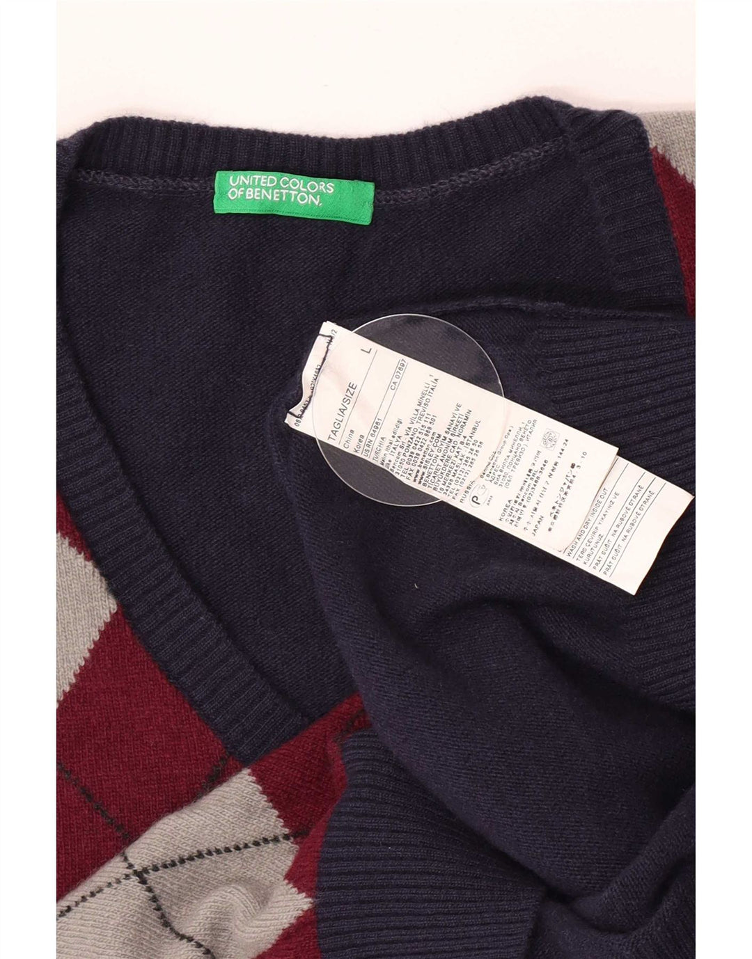 Ανδρικό πουλόβερ Benetton με λαιμόκοψη με λαιμόκοψη μεγάλου μεγέθους Navy Argyle/Diamond Wool